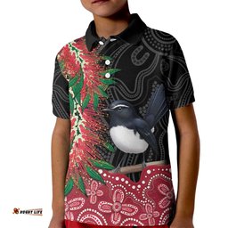 Willie wagtail Australia Kid Polo Shirt Aussie Bottlebrushes Aboriginal Art LT14