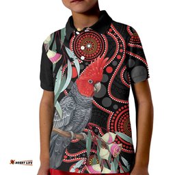 Gang-gang Cockatoo Australia Kid Polo Shirt Eucalyptus Blossoms Aboriginal Art LT14