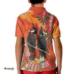Australia Black Cockatoo Christmas Kid Polo Shirt Banksia Bottlebrush Aboriginal Art LT14