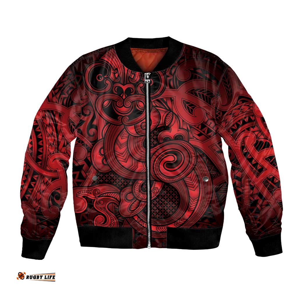 Aotearoa Maori Hei Tiki Bomber Jacket Whero Kowhaiwhai Puhoro Motif LT9