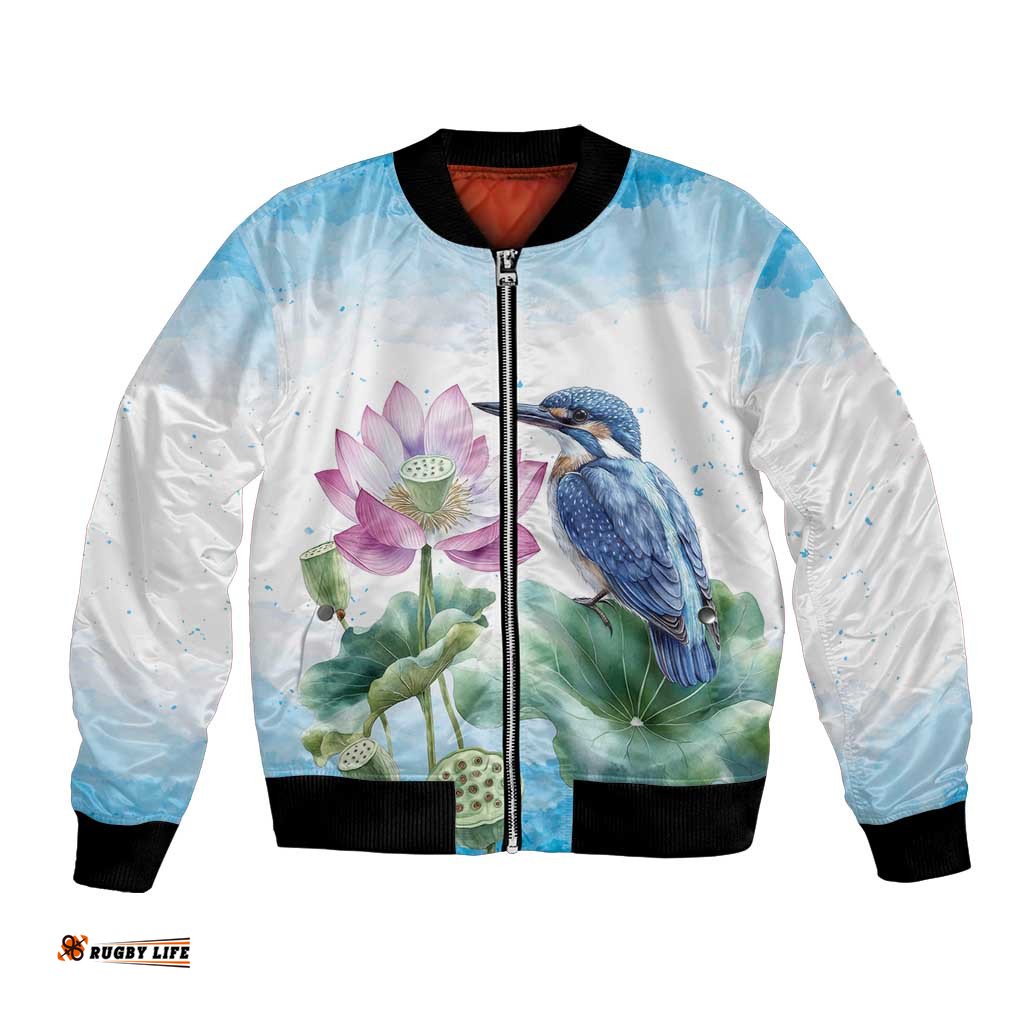 Australia Azure Kingfisher Bomber Jacket Ceyx Azureus Sacred Lotus Watercolor LT14