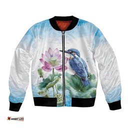 Australia Azure Kingfisher Bomber Jacket Ceyx Azureus Sacred Lotus Watercolor LT14