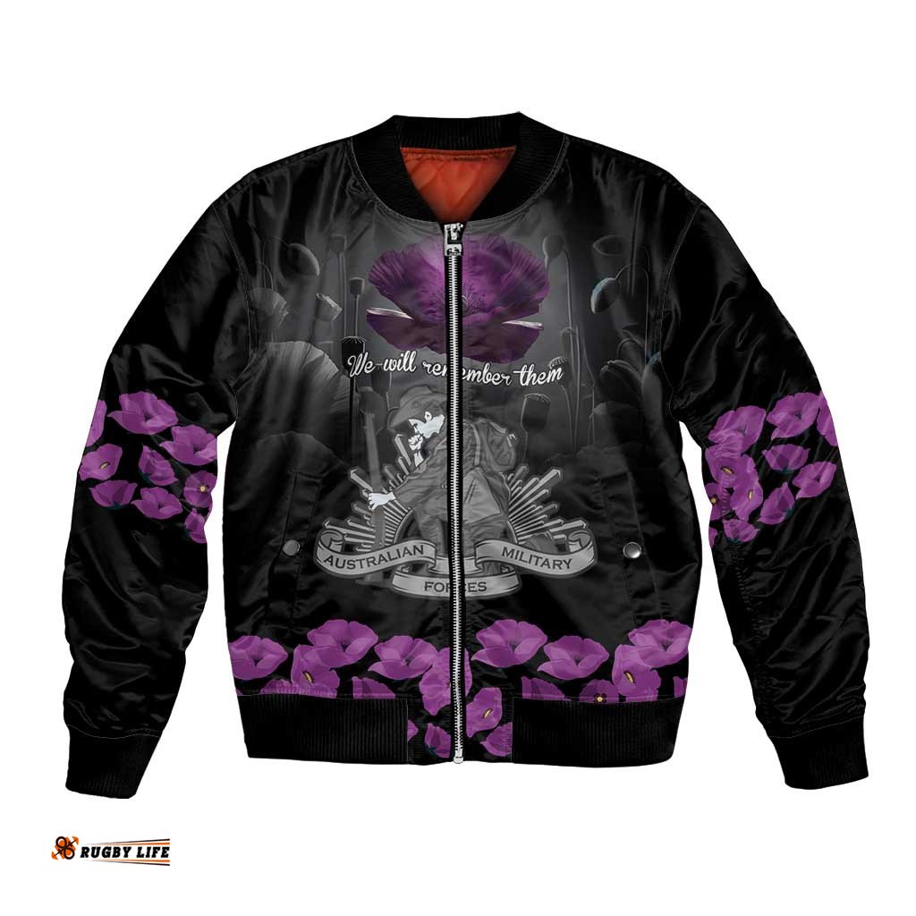 ANZAC Day Remembrance Bomber Jacket Purple Poppy We Will Remember Them LT9