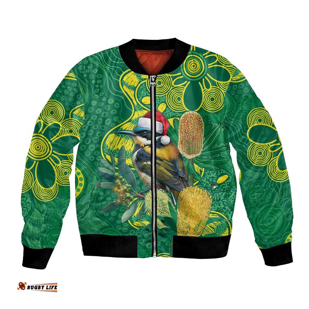 Aussie Honeyeaters Banksia Christmas Bomber Jacket Aboriginal Dots Painting Green Motif LT9