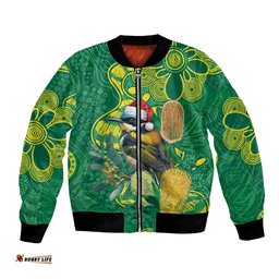 Aussie Honeyeaters Banksia Christmas Bomber Jacket Aboriginal Dots Painting Green Motif LT9