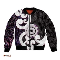 Aotearoa Koru Bomber Jacket Purple Maori Paua Shell Mix Silver Fern LT14