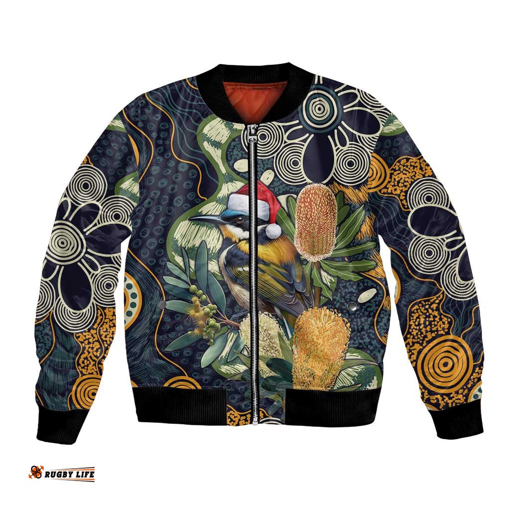 Aussie Honeyeaters Banksia Christmas Bomber Jacket Aboriginal Dots Painting Blue Motif LT9