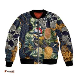 Aussie Honeyeaters Banksia Christmas Bomber Jacket Aboriginal Dots Painting Blue Motif LT9