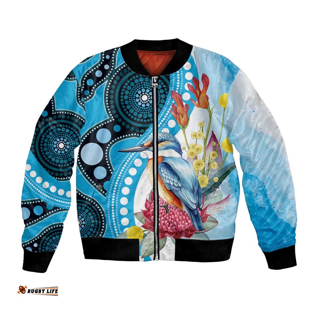 Australia Azure Kingfisher Bomber Jacket Australian Native Flowers Indigenous Art LT14