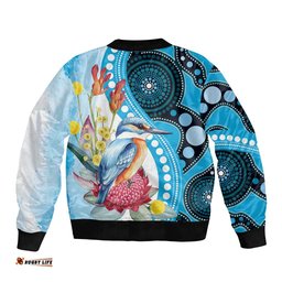 Australia Azure Kingfisher Bomber Jacket Australian Native Flowers Indigenous Art LT14