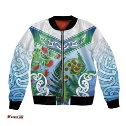 Aotearoa New Zealand Natural Plants Bomber Jacket Pohutukawa with Silver Ferns Koru Frond Maori Tattoos LT03