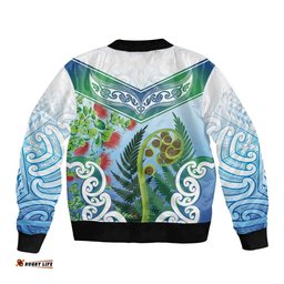 Aotearoa New Zealand Natural Plants Bomber Jacket Pohutukawa with Silver Ferns Koru Frond Maori Tattoos LT03