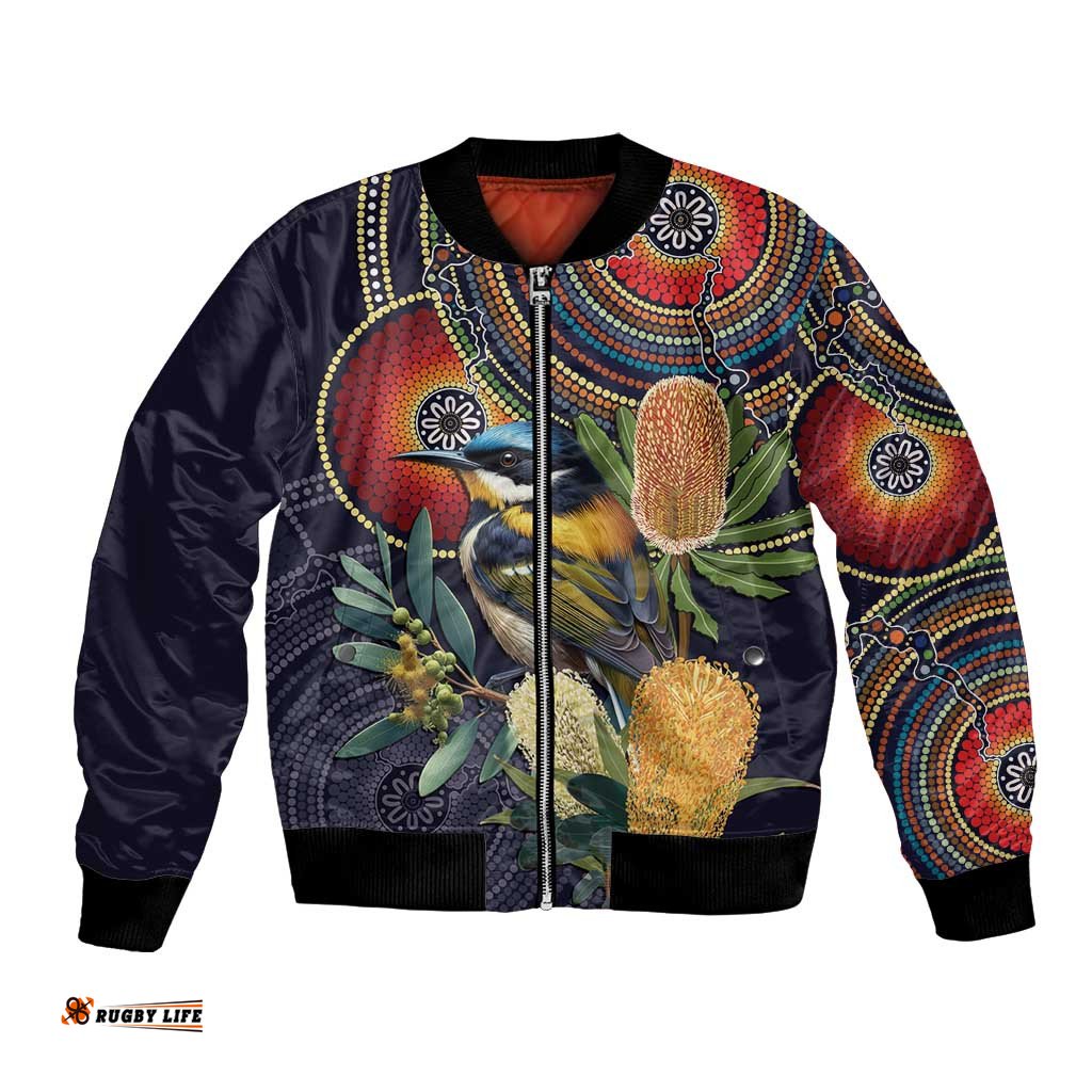 Aussie Honeyeaters Banksia Flowers Bomber Jacket Aboriginal Dots Painting LT9