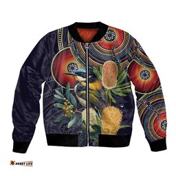 Aussie Honeyeaters Banksia Flowers Bomber Jacket Aboriginal Dots Painting LT9