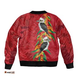 Aussie Kokaburra Golden Wattle Christmas Bomber Jacket Aboriginal Dots Painting Red Motif LT9