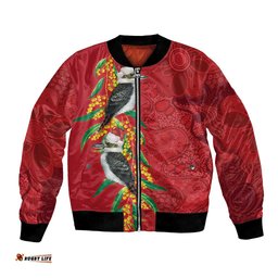 Aussie Kokaburra Golden Wattle Christmas Bomber Jacket Aboriginal Dots Painting Red Motif LT9