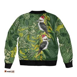 Aussie Kokaburra Golden Wattle Christmas Bomber Jacket Aboriginal Dots Painting Green Motif LT9