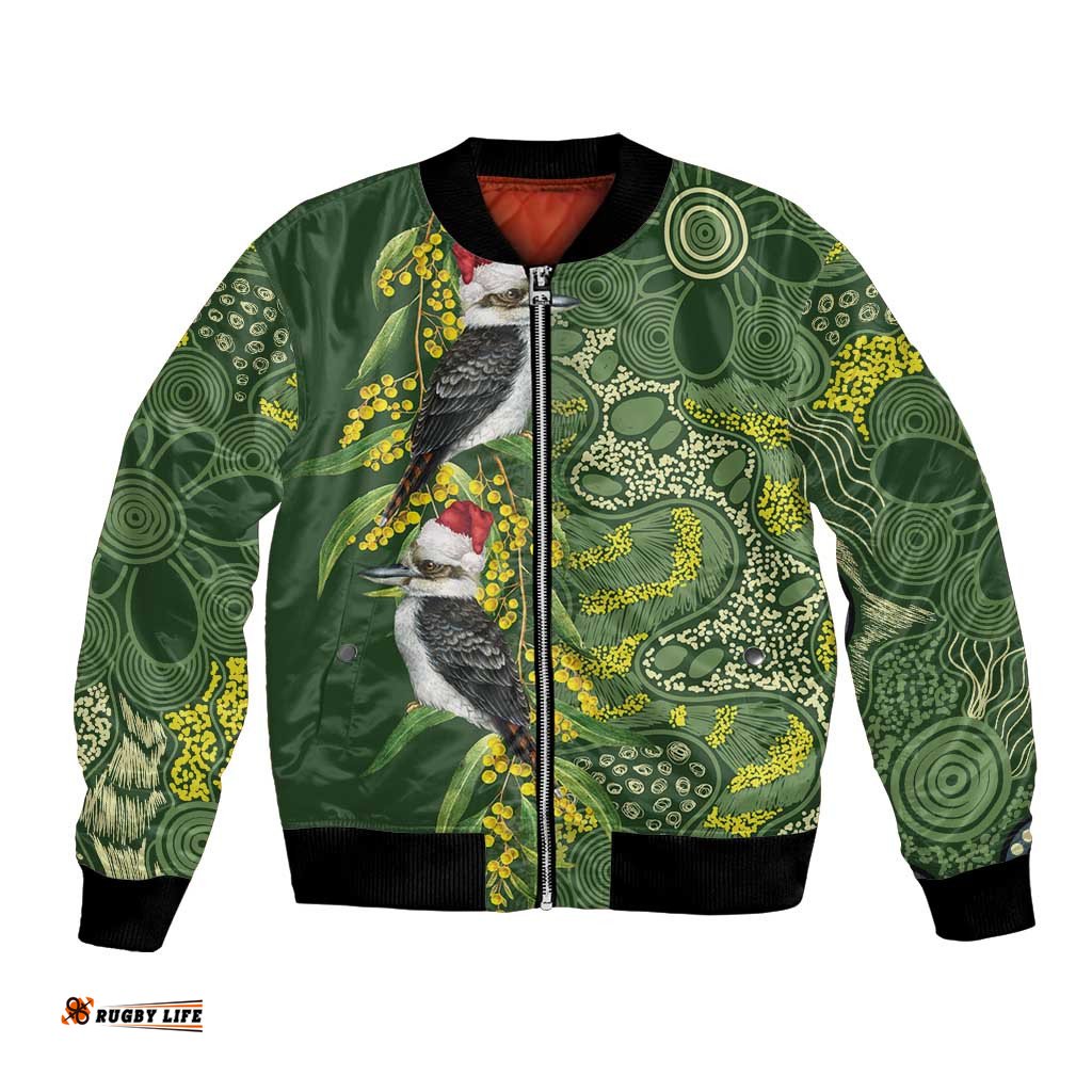 Aussie Kokaburra Golden Wattle Christmas Bomber Jacket Aboriginal Dots Painting Green Motif LT9