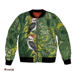 Aussie Kokaburra Golden Wattle Christmas Bomber Jacket Aboriginal Dots Painting Green Motif LT9
