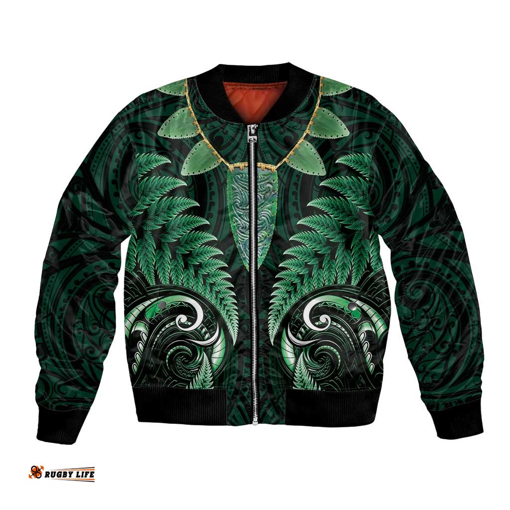 Aotearoa Pounamu Niho Bomber Jacket Silver Fern Mix Maori Pattern - Green LT14