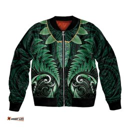 Aotearoa Pounamu Niho Bomber Jacket Silver Fern Mix Maori Pattern - Green LT14