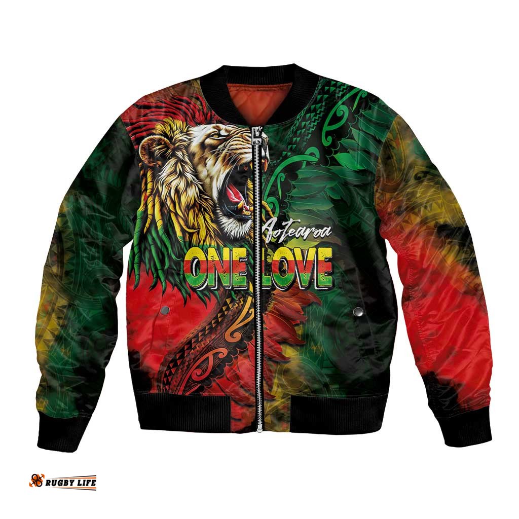 Aotearoa One Love Bomber Jacket Reggae Lion with Kakahu Huruhuru LT03