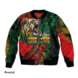 Aotearoa One Love Bomber Jacket Reggae Lion with Kakahu Huruhuru LT03