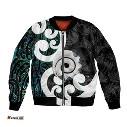 Aotearoa Koru Bomber Jacket Cyan Maori Paua Shell Mix Silver Fern LT14