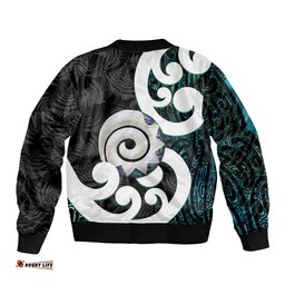 Aotearoa Koru Bomber Jacket Cyan Maori Paua Shell Mix Silver Fern LT14