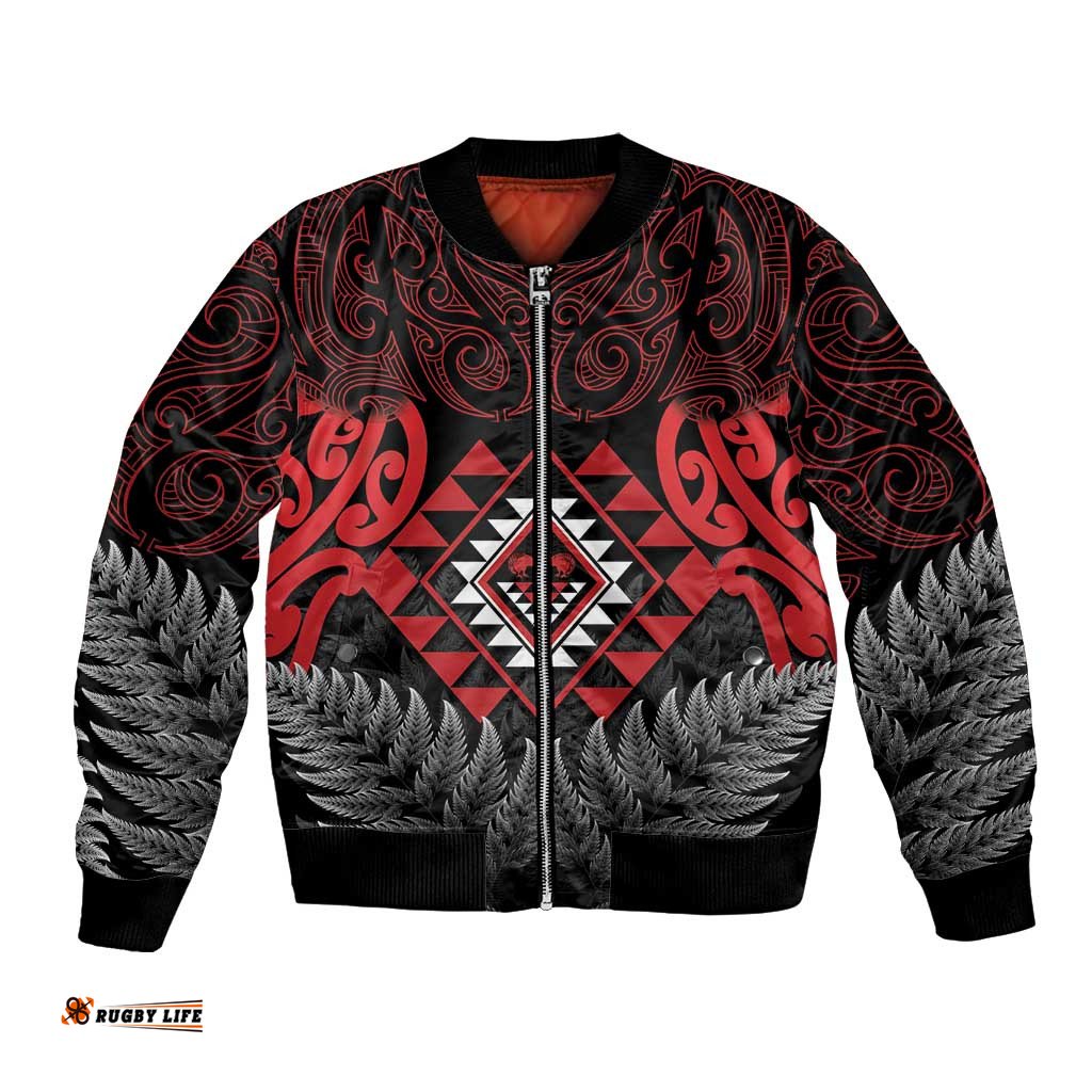 Aotearoa Kiwi Taniko Bomber Jacket Silver Fern With Maori Koru Pattern LT14