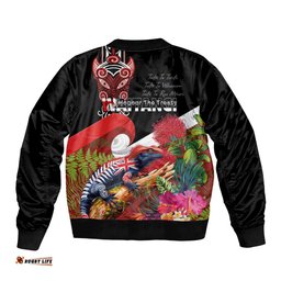Aotearoa Toitu Te Tiriti Bomber Jacket Waitangi-Honour The Treaty NZ Tuatara and Plants LT03
