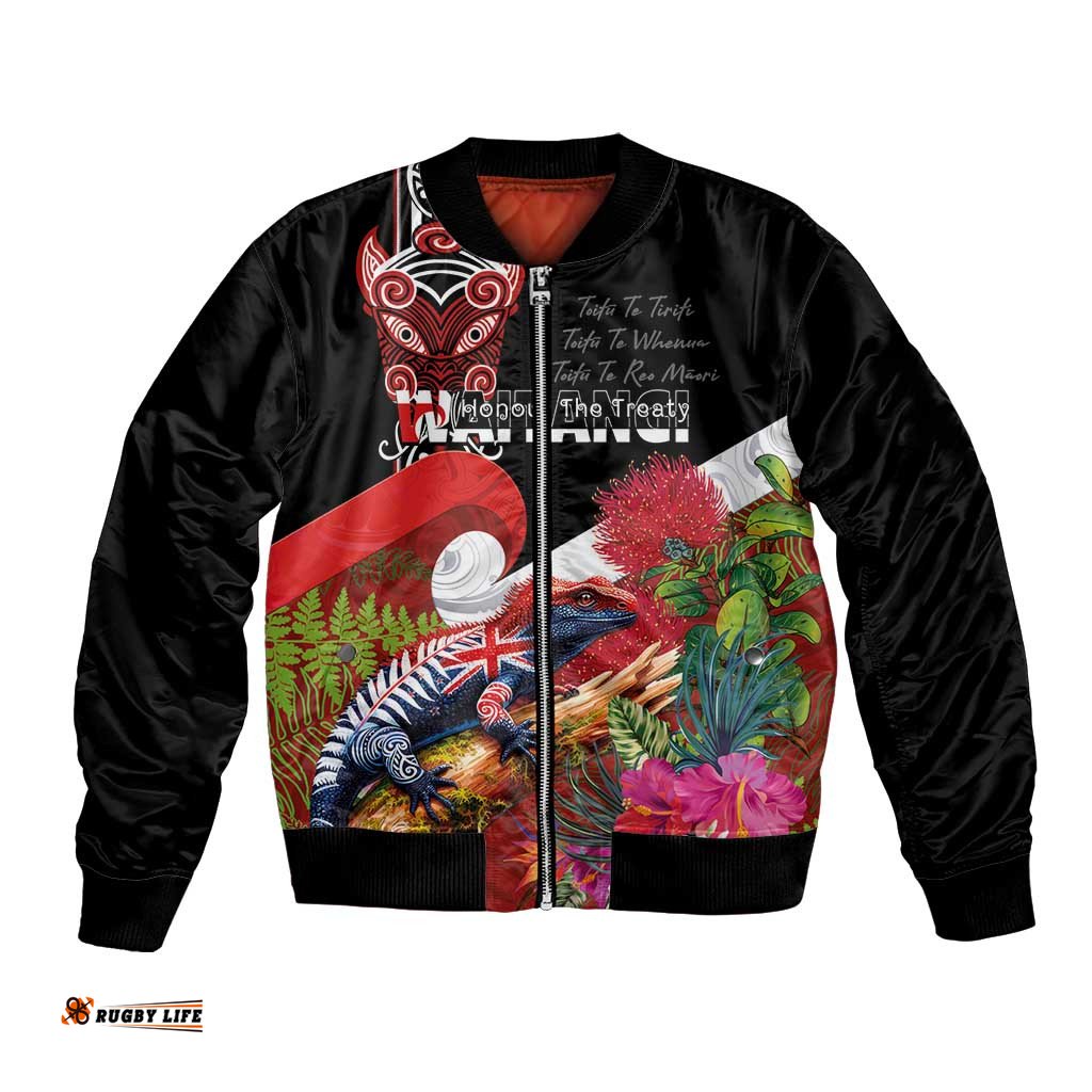 Aotearoa Toitu Te Tiriti Bomber Jacket Waitangi-Honour The Treaty NZ Tuatara and Plants LT03