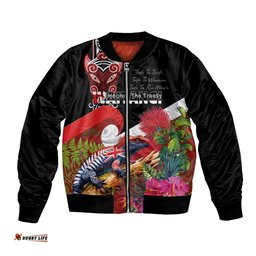 Aotearoa Toitu Te Tiriti Bomber Jacket Waitangi-Honour The Treaty NZ Tuatara and Plants LT03