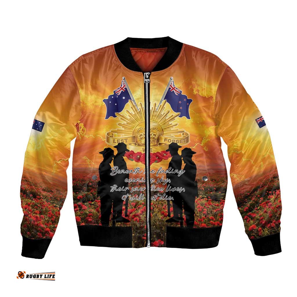 ANZAC Day Bomber Jacket Remembrance Tribute Soldiers And Poppy Field LT05