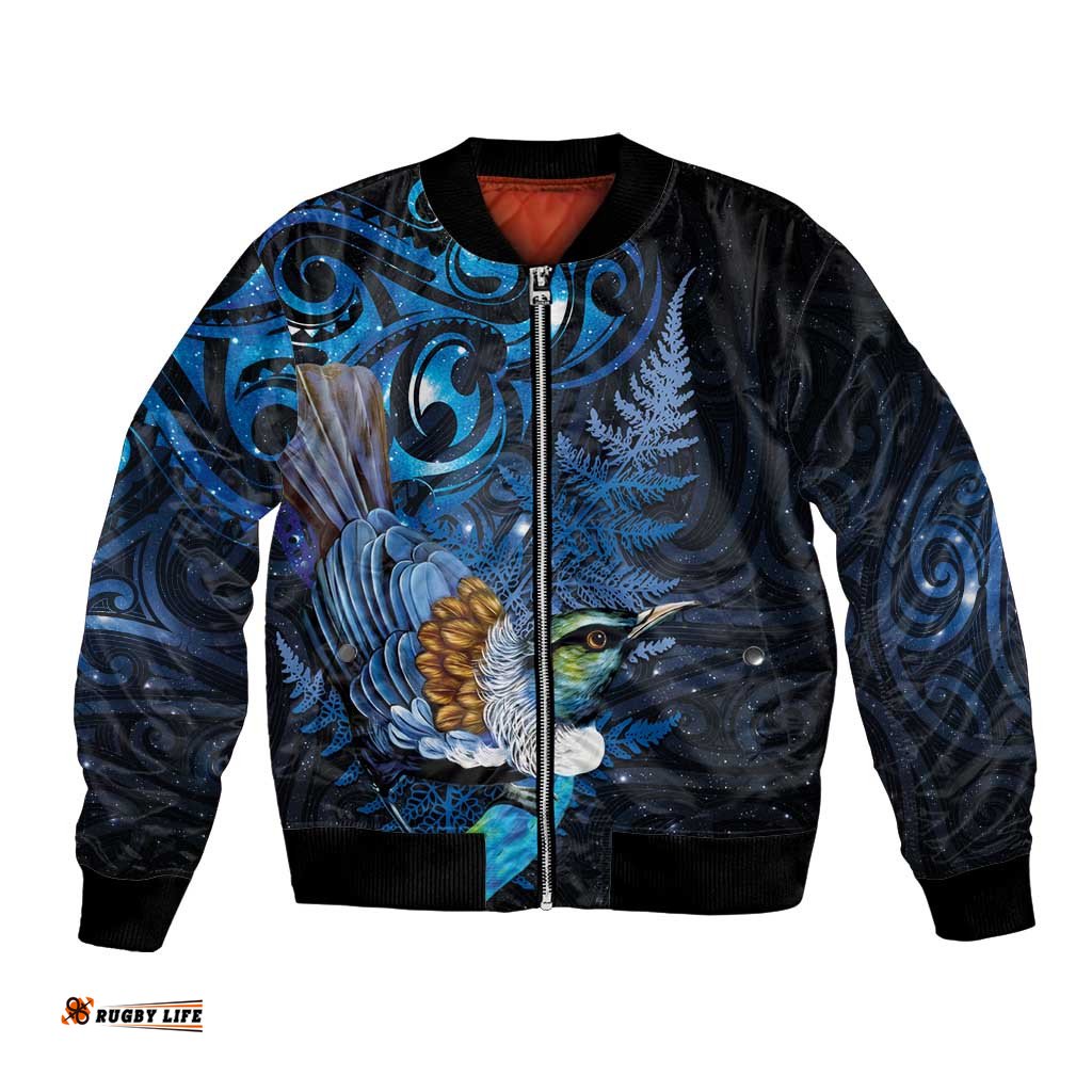 Aotearoa Matariki Bomber Jacket Maori Tribal with Silver Fern and Tui Bird Galaxy Style LT03