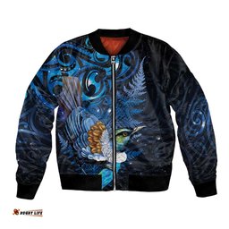 Aotearoa Matariki Bomber Jacket Maori Tribal with Silver Fern and Tui Bird Galaxy Style LT03