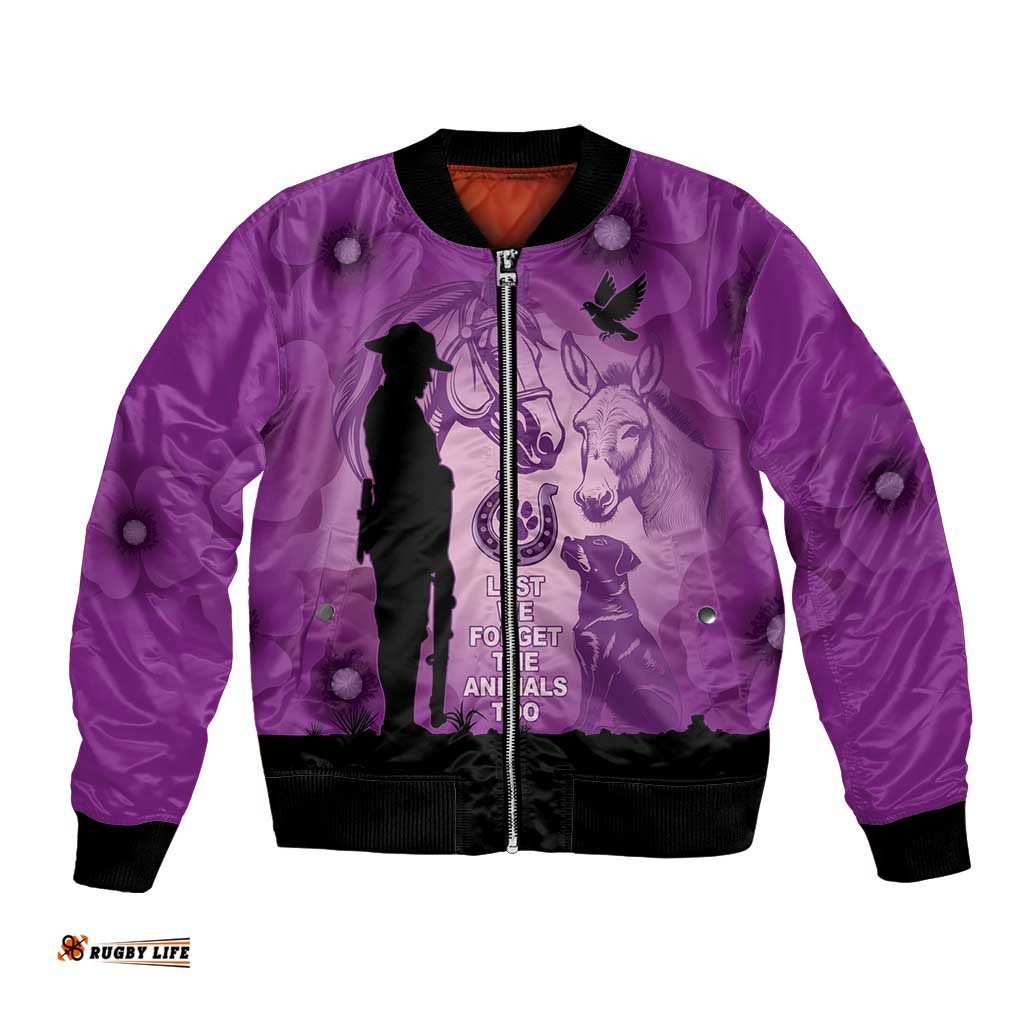 Australia Animals ANZAC Day Bomber Jacket Lest We Forget The Animals Too Purple Poppy LT14