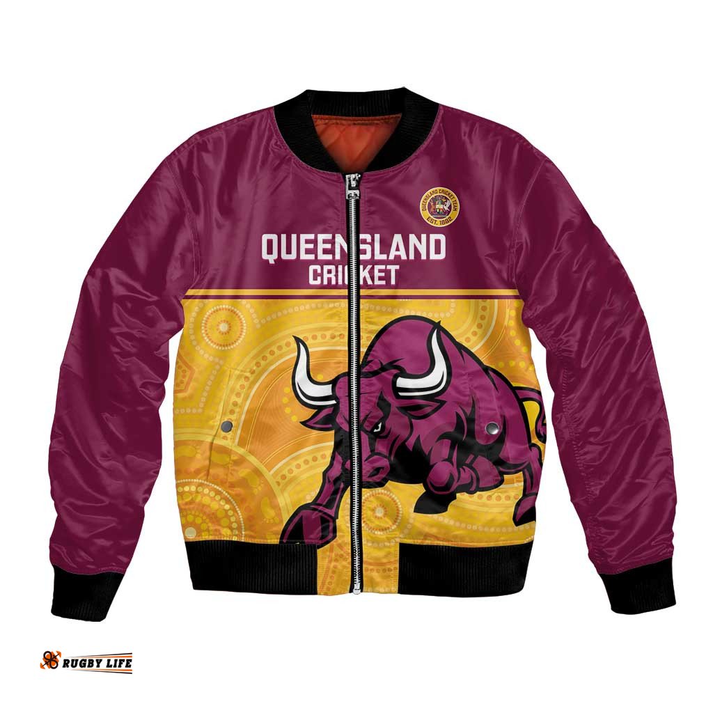 Custom Australia Queensland Cricket Bomber Jacket Go Bulls - Aboriginal Art LT14