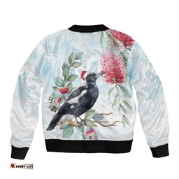 Australia Magpie Christmas Bomber Jacket Eucalyptus Aboriginal Watercolor Stylized LT14
