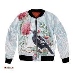 Australia Magpie Christmas Bomber Jacket Eucalyptus Aboriginal Watercolor Stylized LT14