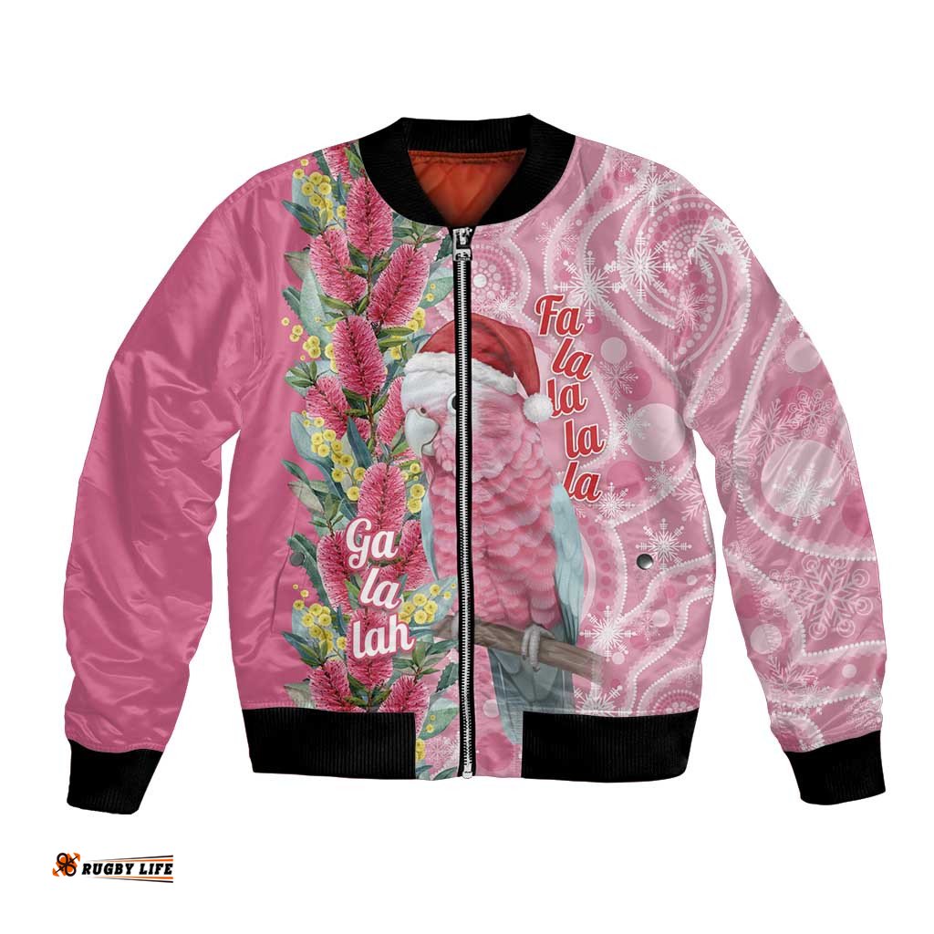 Australia Pink Galah Christmas Bomber Jacket Falalalala Galalah Bottlebrush Aboriginal Art LT14
