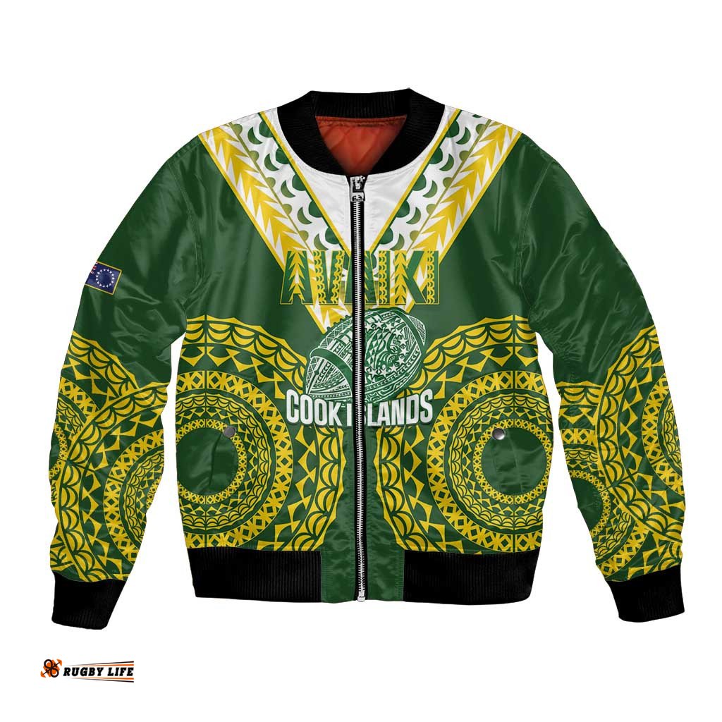 Custom Avaiki Cook Islands Rugby Bomber Jacket Kuki Airani Tatau Green LT14