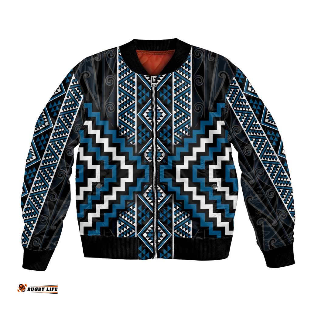 Azure Tukutuku Pattern Aotearoa Bomber Jacket Niho Taniwha and Puhoro Motifs LT7
