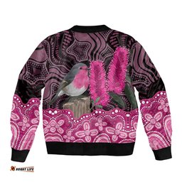 Australia Indigenous Bomber Jacket Breast Cancer Pink Robin Bottlebrush Aboriginal Art LT14
