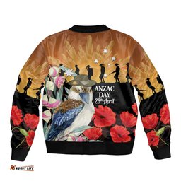Australia Kookaburra ANZAC Day Bomber Jacket Rising Sun 25th April Poppy Eucalyptus Blossoms LT14