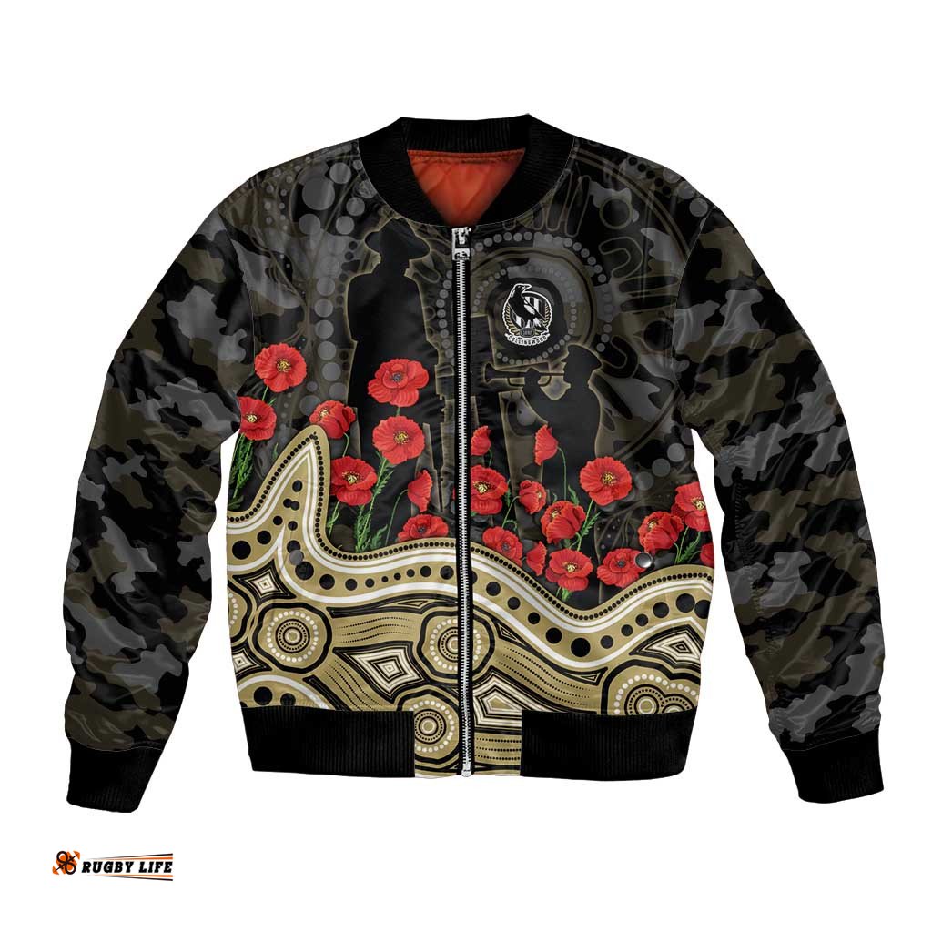Collingwood Magpies ANZAC Day Bomber Jacket Indigenous Dot Art with Poppy Flower Tribute TS04