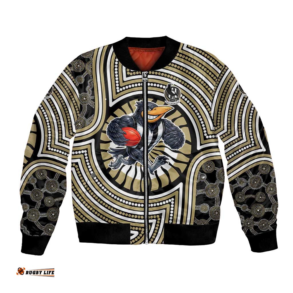 Collingwood Football Club Bomber Jacket Indigenous Monochrome Dot Art Mascot Style TS04