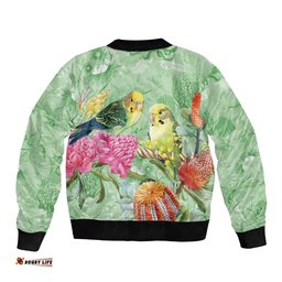 Birds and Floral Aussie Budgerigars Bomber Jacket Mint Opal LT7