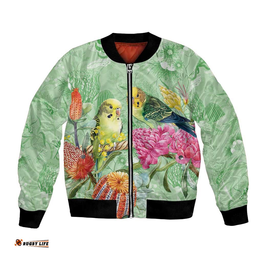 Birds and Floral Aussie Budgerigars Bomber Jacket Mint Opal LT7