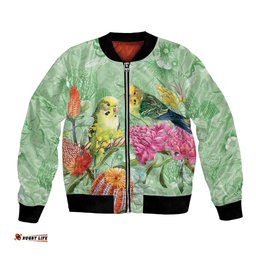 Birds and Floral Aussie Budgerigars Bomber Jacket Mint Opal LT7